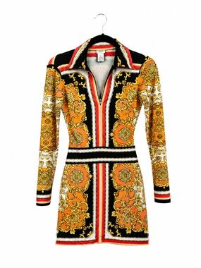 Cach’e  Orange & Black Baroque-Print Long Sleeve Dress